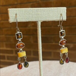 Vintage Sterling .925 Amber, Moss, Yellow Baltic Amber Hook Back Dangle Earrings